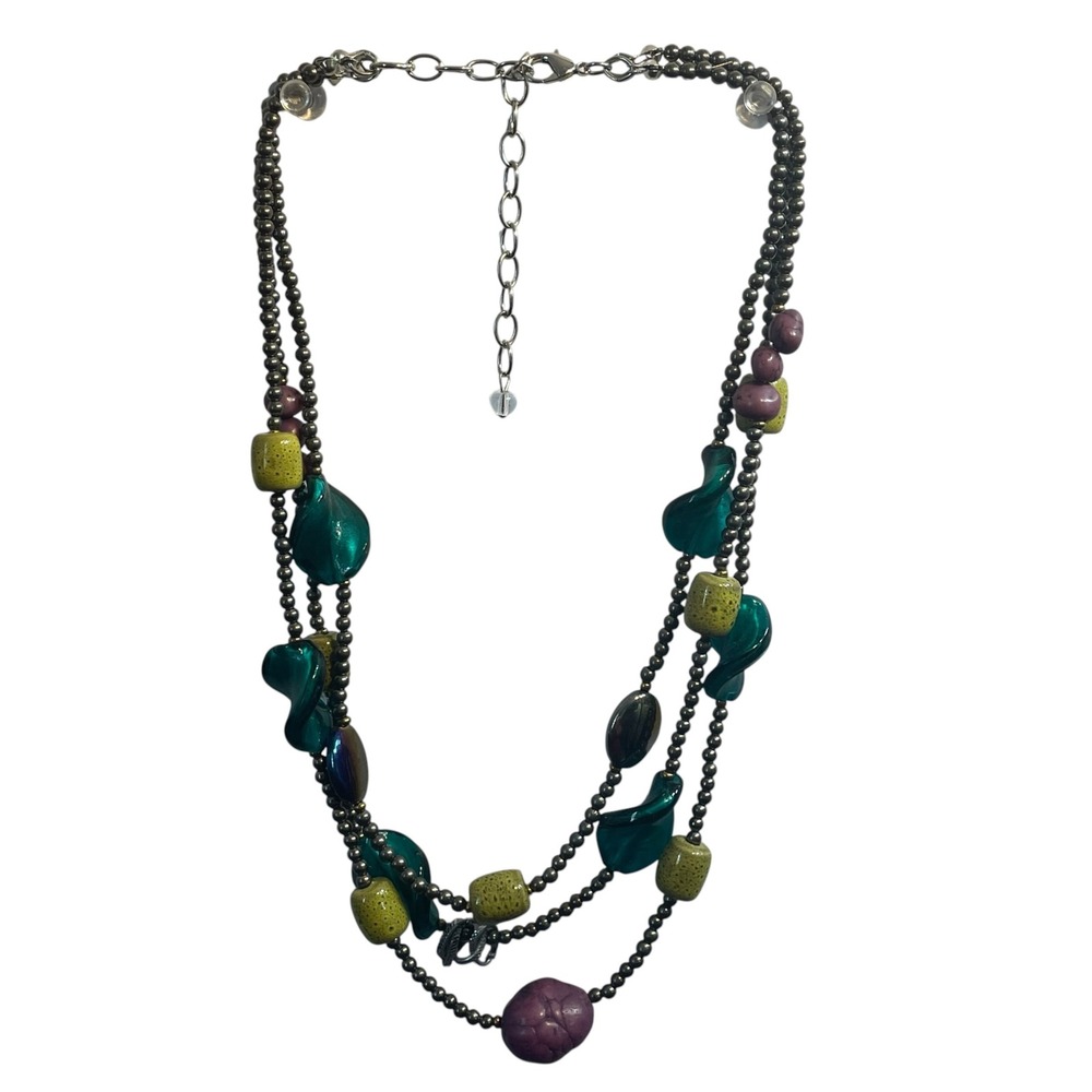 Multi Strand Beaded Statement Necklace Teal Yellow Plum Boho Layered 19 Inch
